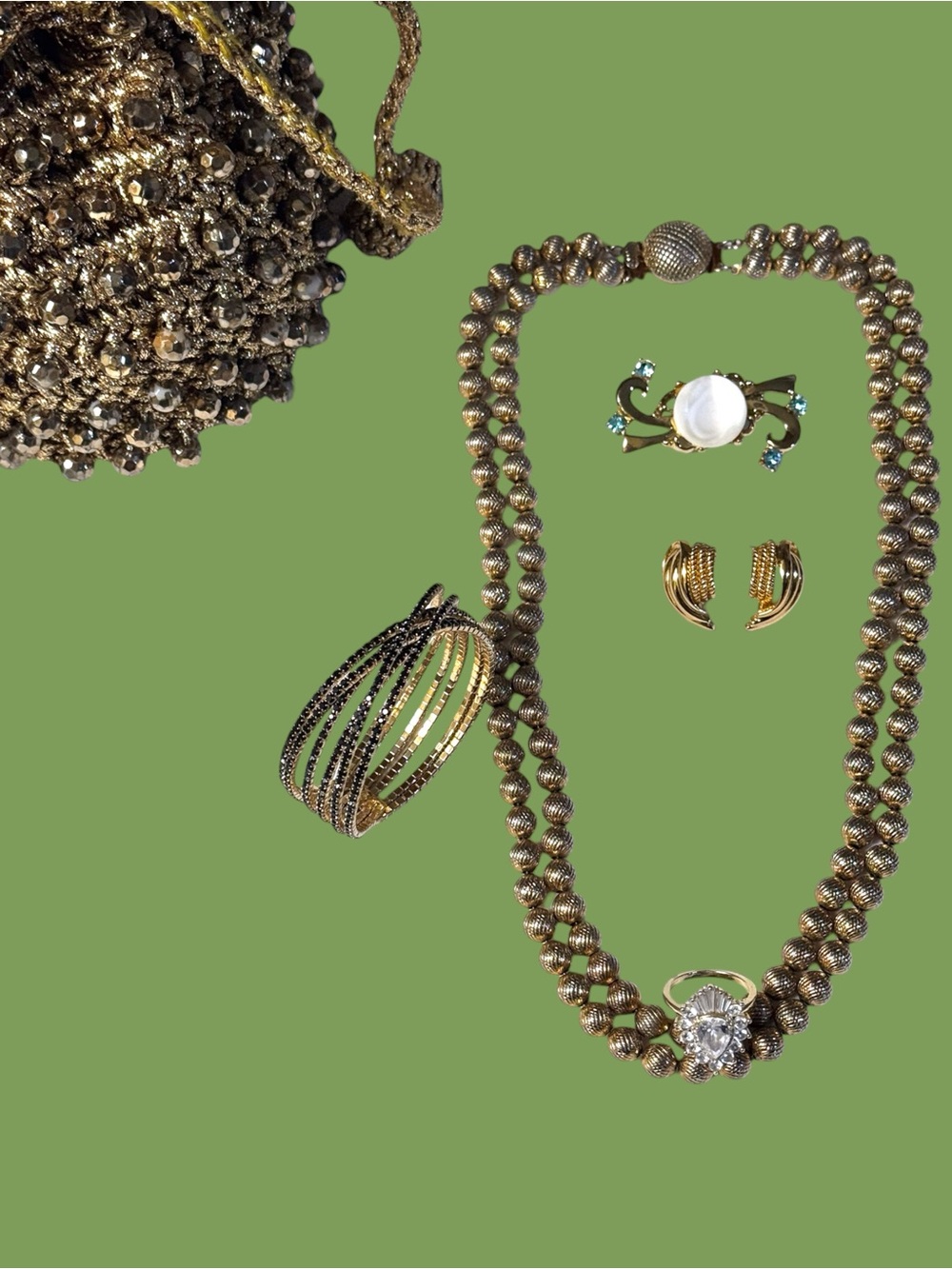 60’s-80’s 6 pc Vintage Goldtone Costume Jewelry Bundle w/Clutch Unsigned